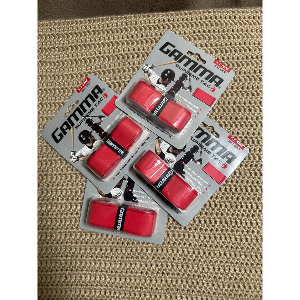 Gamma Supreme Tac Bat Grip 1.1mm Red Lot of 4 AGSB1-13 Baseball Softball Wrap